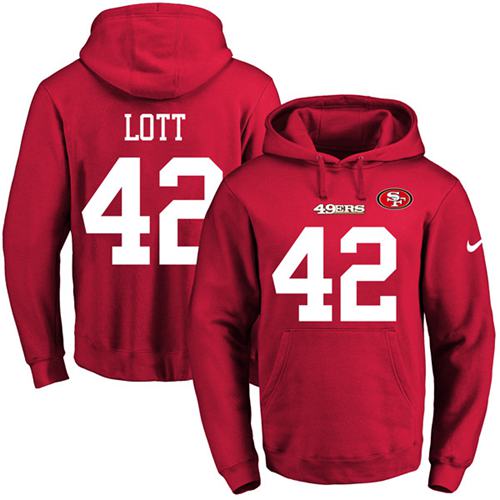 Nike 49ers #42 Ronnie Lott Red Name & Number Pullover NFL Hoodie - Click Image to Close